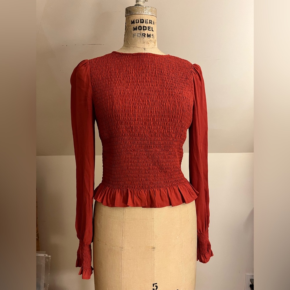 Boden Red Smocked Peplum Long-Sleeve Blouse